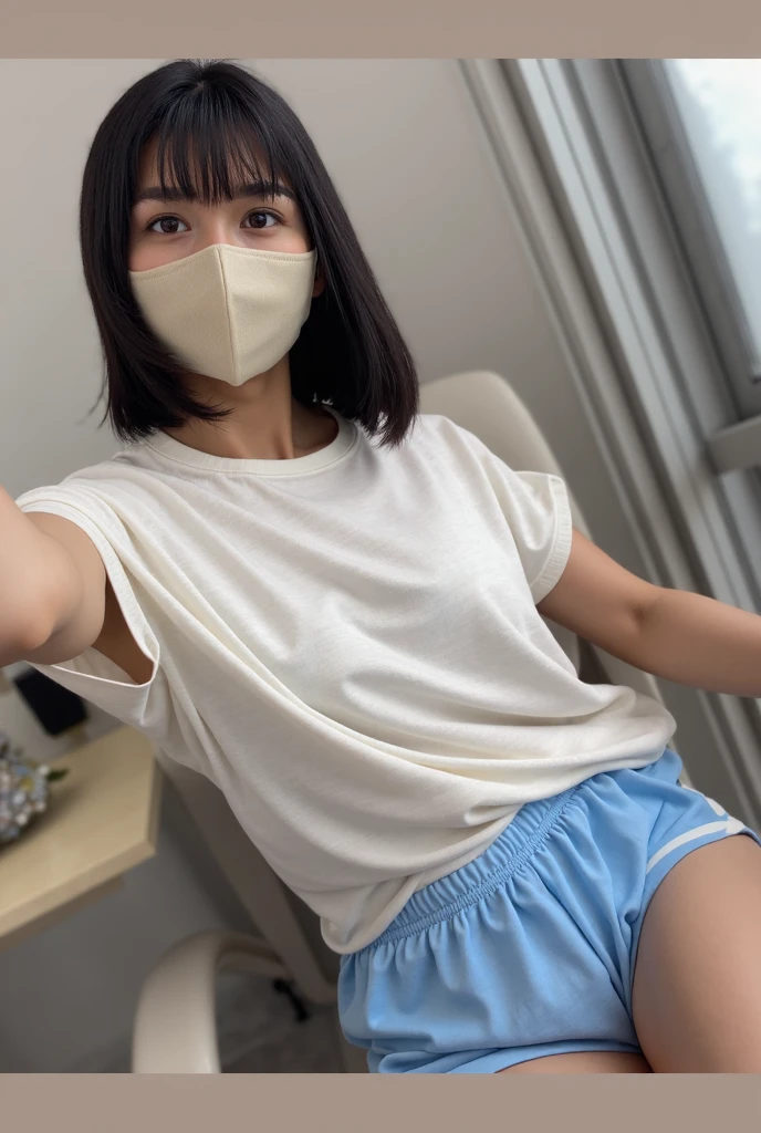 medium shot, ((light gray Sportsbra & shorts)), bedroom, japanese lady, pale skin, droopy eyes, 20 year old, bowl cut hair,((sitting on the bed)),(spread pussy:1.2),(spread legs to the side:1.5), high quality:1.3, shoot from below,Professional lighting:2.0 realistic:1.2, 4k resolution, detailed skin, masterpiece:1.1,smile,(tanned skin:1.3),(sunburn tanlines:1.3),(athlete:1.2),erect nipples,hairy pussy,camel toe,(naval),((wearing white mask)),