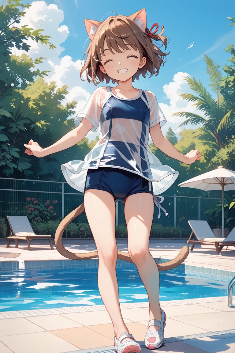 School Swimsuit,,Blushing、Pale brown eyes、Light brown hair、short hair、Head to toe full body、Blushing、Embarrassed look、Composition from the front、A view from slightly below、school swimwear、Acme Face、Random pose、, 、nsfw、Highest quality、1 girl、solo、Ocean、Sandy Beach、Sexy pose、Random pose、Blushing、Wet、Embarrassed、I can see half of my 、、One piece swimsuit、(Strap slip:1.3)、School Swimsuit