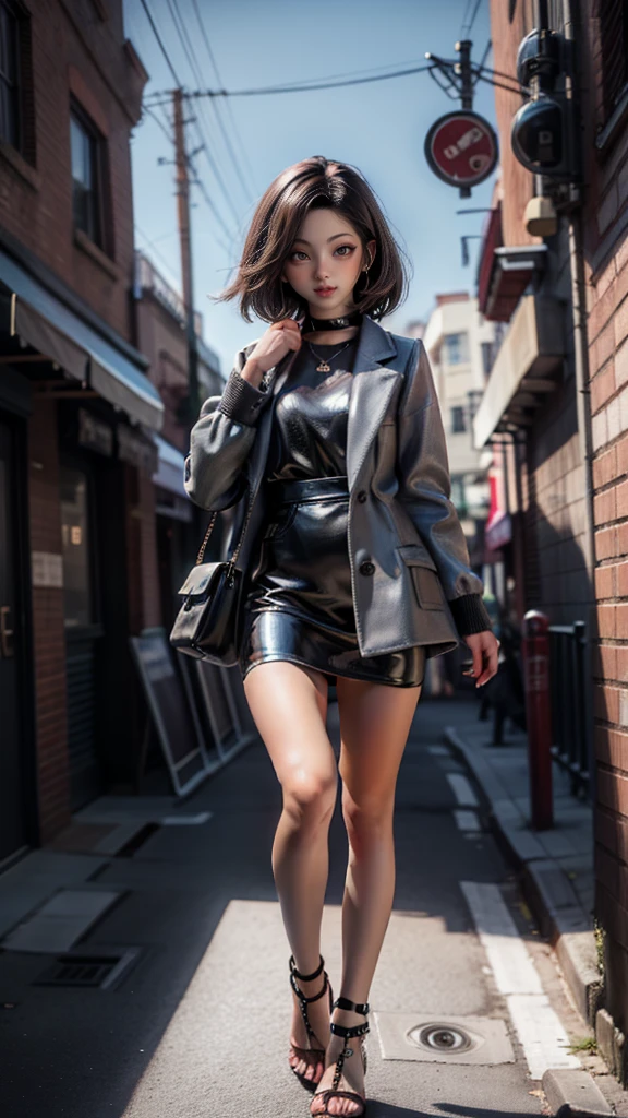 absurdres, RAW photo, extremely delicate and beautiful, masterpiece, Best Quality, ultra high resolution, 32k, hyperrealistic, ultra-detailed, perfect anatomy, anatomically correct, perfect figure, super Detailed skin, 20 years old, very Slim body, narrow waist, very small head, very small face, delicate facial features, detailed face, detailed eyes, tearful mole, earring, thin legs, bare legs, very huge round breasts, short medium hair, ((wavy hair)), wet clothes, ((business suit)), white shirt, black skirt, (coat), detailed weapon,