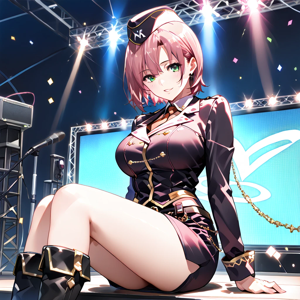 Highly detailed and realistic CG, Colorful, masutepiece, (Perfect Anatomy:1.3), Best Quality, 1girl in, Solo, Imperial Redhair, Shiny hair, Short hair, sideburns, asymmetrical bangs, Red Eyes, shiny eyes, (Crazy smile:1.2), (Evil smile:1.2), sadistic smile, grin, Skinny Legs, facing, Standing, Tube Top, Strapless, Shorts, Spiky boots, Spiky wristband, Idol Concerts, On stage, live performance, Open mouth, Big breasts, (sagging breasts:1.2), (hanging breasts:1.3), cleavage, Midriff, Navel, Black jacket, Black Military Cap, Stick out the tongue, hand on headwear, leaning forward, hand on headwear, stylish pose, Spotlight, Thigh strap, Fancy earrings, Black Elbow Gloves, Cinematic Angle, Looking at Viewer, From above, open stance, Latex, Tight, slender, (Black military cloak:1.1),