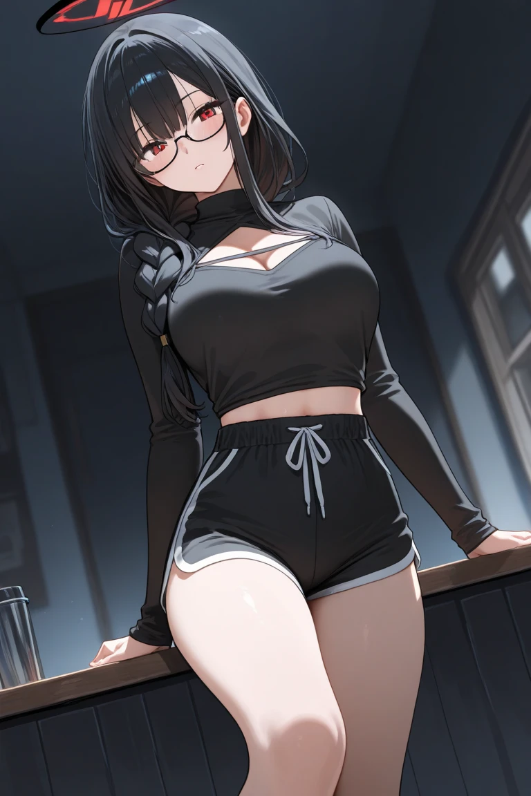 (1women) (25 years) (black hair up) (look with mischief) (tousled bangs) (clean white skin) black glasses on regular basis (almond hazel eyes) (body with wide hips with toned legs and enveloping) white flared pants + large white sweatshirt , attractive and intimidating (shoulder length hair tied up)