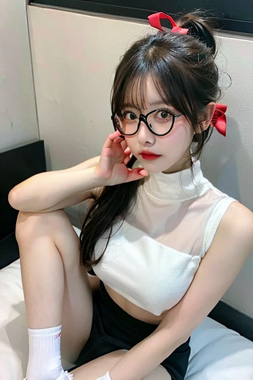 masterpiece,Best quality at best,A high resolution,8K,((Portrait)),(upper body),Original photo,real photograph,digital photography,(Women scientists),(A woman president in the workplace),20-year-old girl,(Hair gradients of black and red),Gray Random Hairstyle,Red eyes,(White and gray gradient ponytail hair,Gray),(Big breasts),An extravagant ornament,cparted lips,Keep your mouth shuegant and charming,((Blushing)),Proud and handsome,Calm,(White coat,White coat,Suit,Black-rimmed glasses, accessories,White),(Female doctor,Realistic style,inside in room,laboratory background,oc render reflection texture, look at viewerballgag ,bondage (Shibari,hands tied behind back:1.5), (Shibari:1.21),Tied up