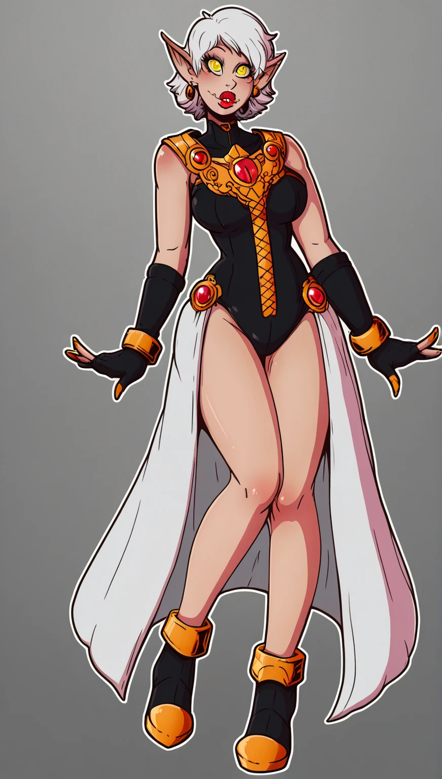 Two long thighs, yellow eyes, blonde hair, short hair, large breasts, detached sleeves, very white background, royal tiara, long cape, yellow tiger bikini, high heels, hands on hips. red tattoo on belly navel, full body female MILF BIMBO, lustful smirking smile face (red blush), metal shoulders, golden bracers sleeveless, black choker sex slave, white background
