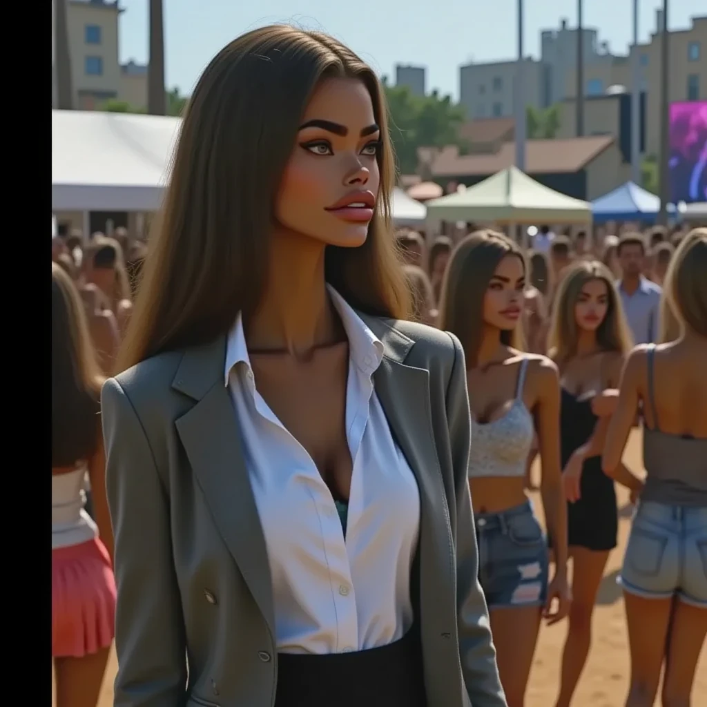 identical sisters, many sisters, thousands of sisters,crowd of sisters, business women, white blouse, pale skin, brown hair, curly hair, natural faces, natural breasts, cleavage, black pencil skirts, high heels, matching outfits, matching hairstyles, sisters marching in formation