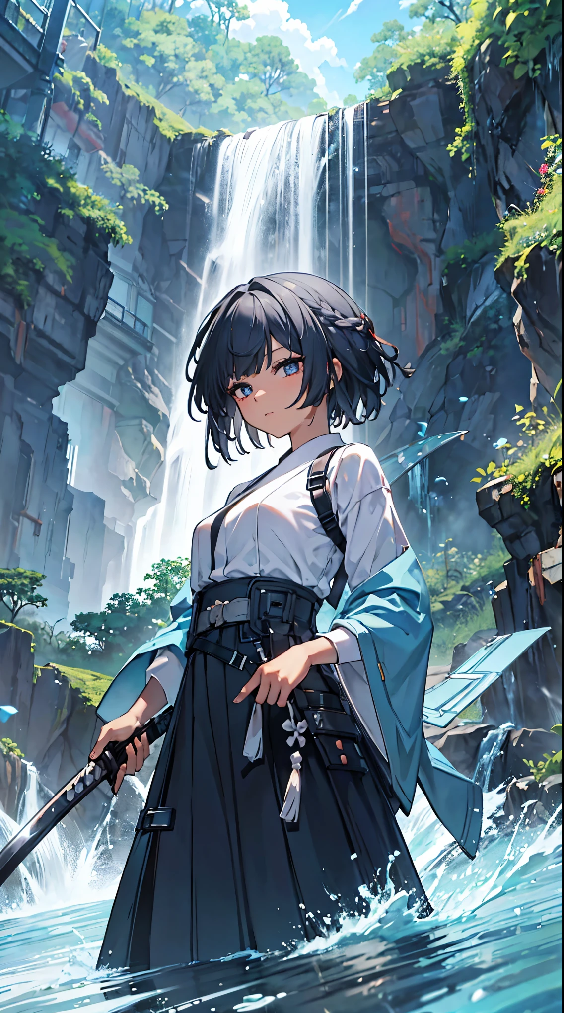  top grade 、、（dark skin）、 Silver Hair、very short hair,blue eyes、Petite、slender,object,Hakama,waterfall,red cheeks,During combat,samurai,swordsman