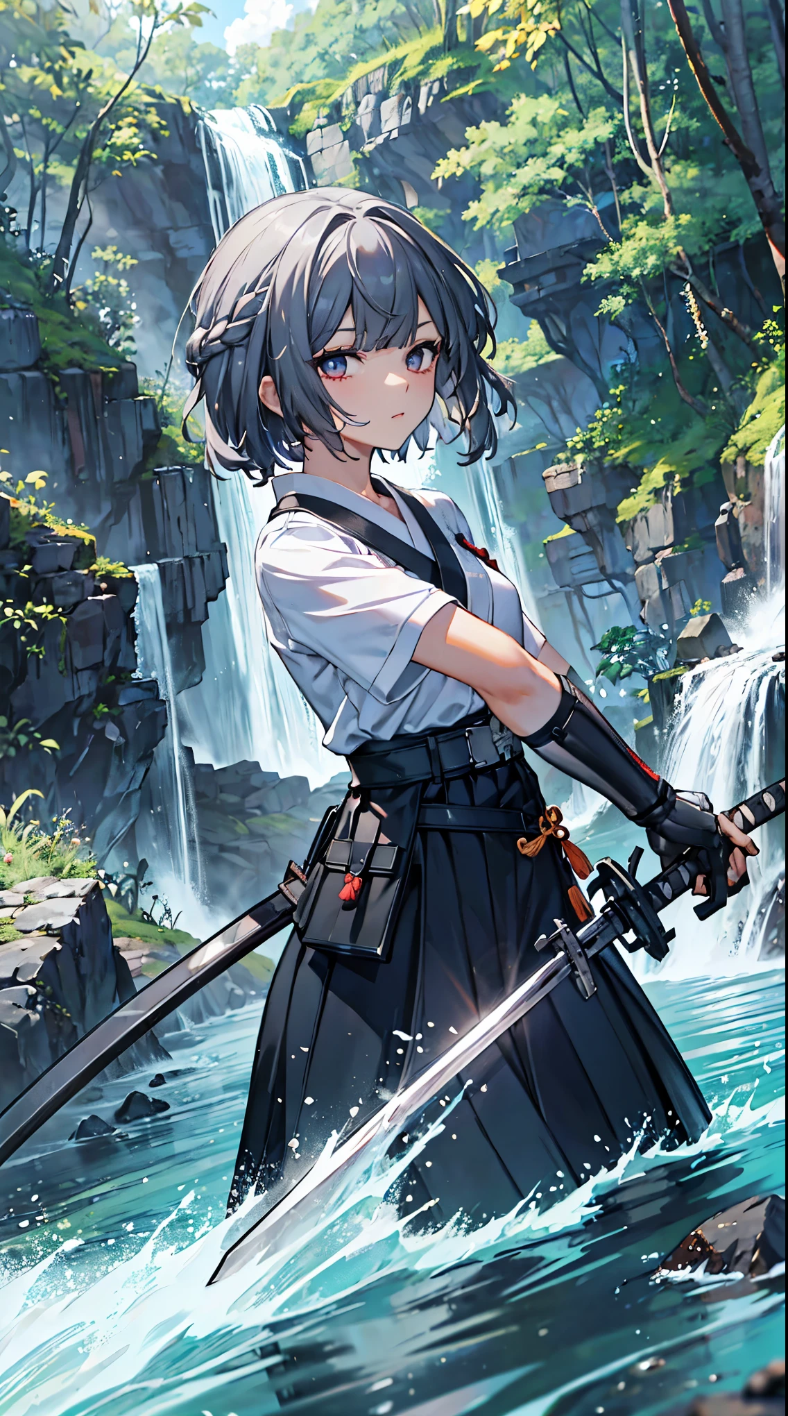 top grade 、、(dark skin)、 Silver Hair、very short hair,blue eyes、Petite、slender,object,Hakama,waterfall,red cheeks,During combat,samurai,swordsman