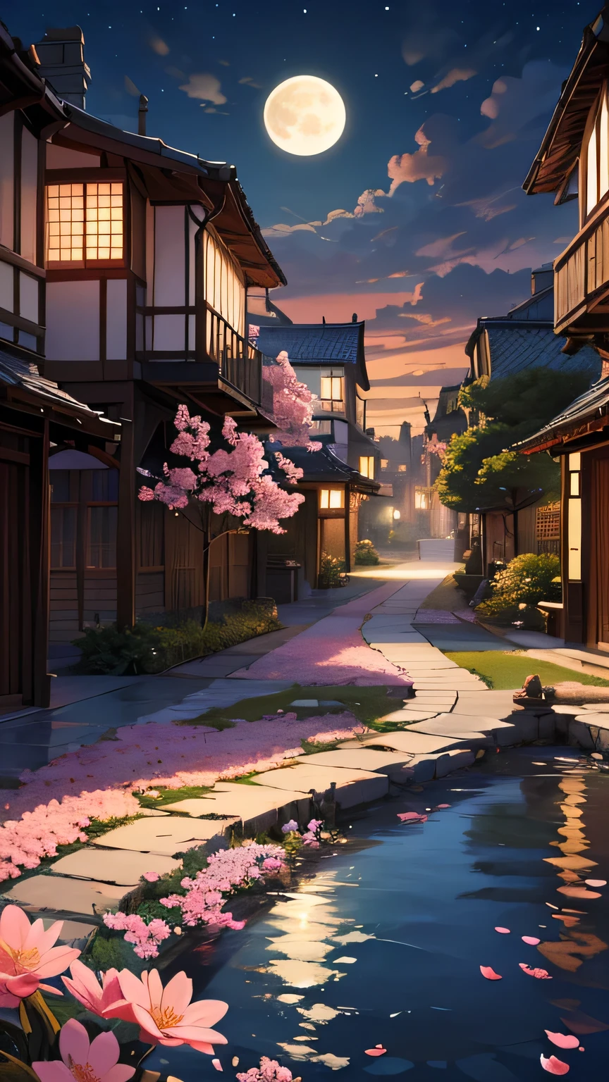 A stylized illustration of a night scene in a Japanese-inspired city. A network of buildings with traditional architecture, featuring multiple stories, are arranged in a narrow street, showcasing a perspective that looks down on the scene. The buildings are a mix of muted blues, purples, and browns, with warm, golden light emanating from windows, creating a cozy ambiance. Full-bloom cherry blossom trees line the street, displaying vibrant pink flowers in contrast with the dark silhouettes of the buildings. A large, full moon is visible in the upper middle ground, casting a soft glow on the scene. The overall style is reminiscent of anime and manga, with smooth lines, flat colors, and a dreamlike quality. The colors and lighting are intentionally chosen to evoke a peaceful and serene atmosphere. The composition is carefully balanced, placing the focus on the buildings and the blossoming cherry trees. There are no human subjects in the image.