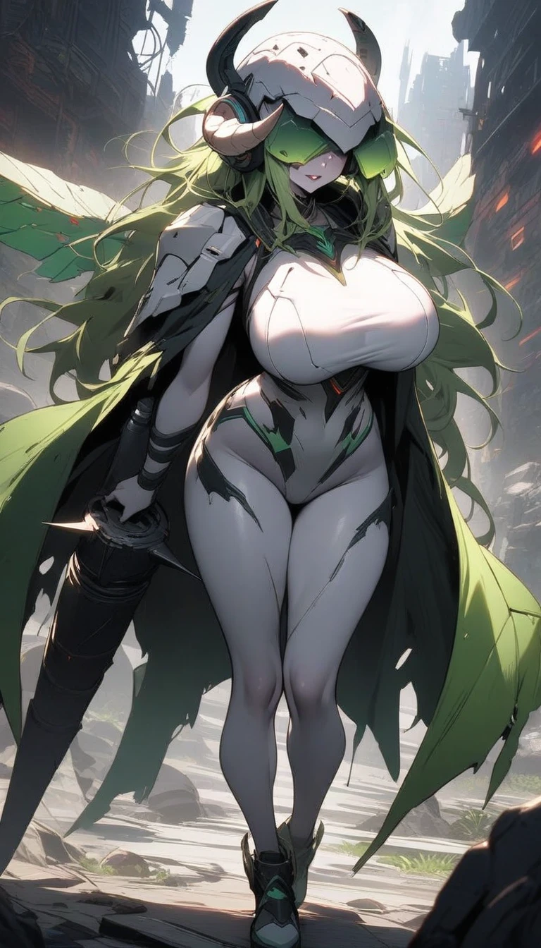 ((1 cyborg woman, a bionic arm,((gigantic breasts, naked breasts, naked pussy, erect breasts, grabbing breasts)),((green hair)),((1 red eye and 1 black eye, desperate face)) ,((standing,in a haunted forest, at night)),pregnant