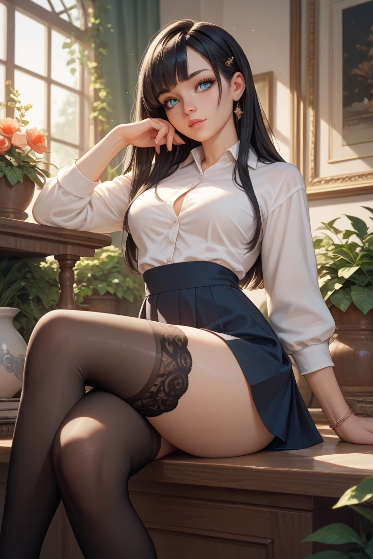 A girl sits on the bed, wearing stockings and panties, the stockings also reveal the transparent fabric on the stockings, long legs, white stockings, cute, high quality --auto