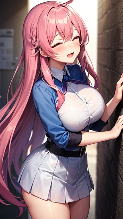 Mommy messy pink hair huge with very big and huge breasts with bra tactical uniform pleated skirt scarf round trucker hat