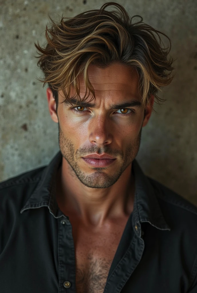 Handsome man with very long light brown hair, blue eyes thick eyebrows, mandibula guerte, muscular