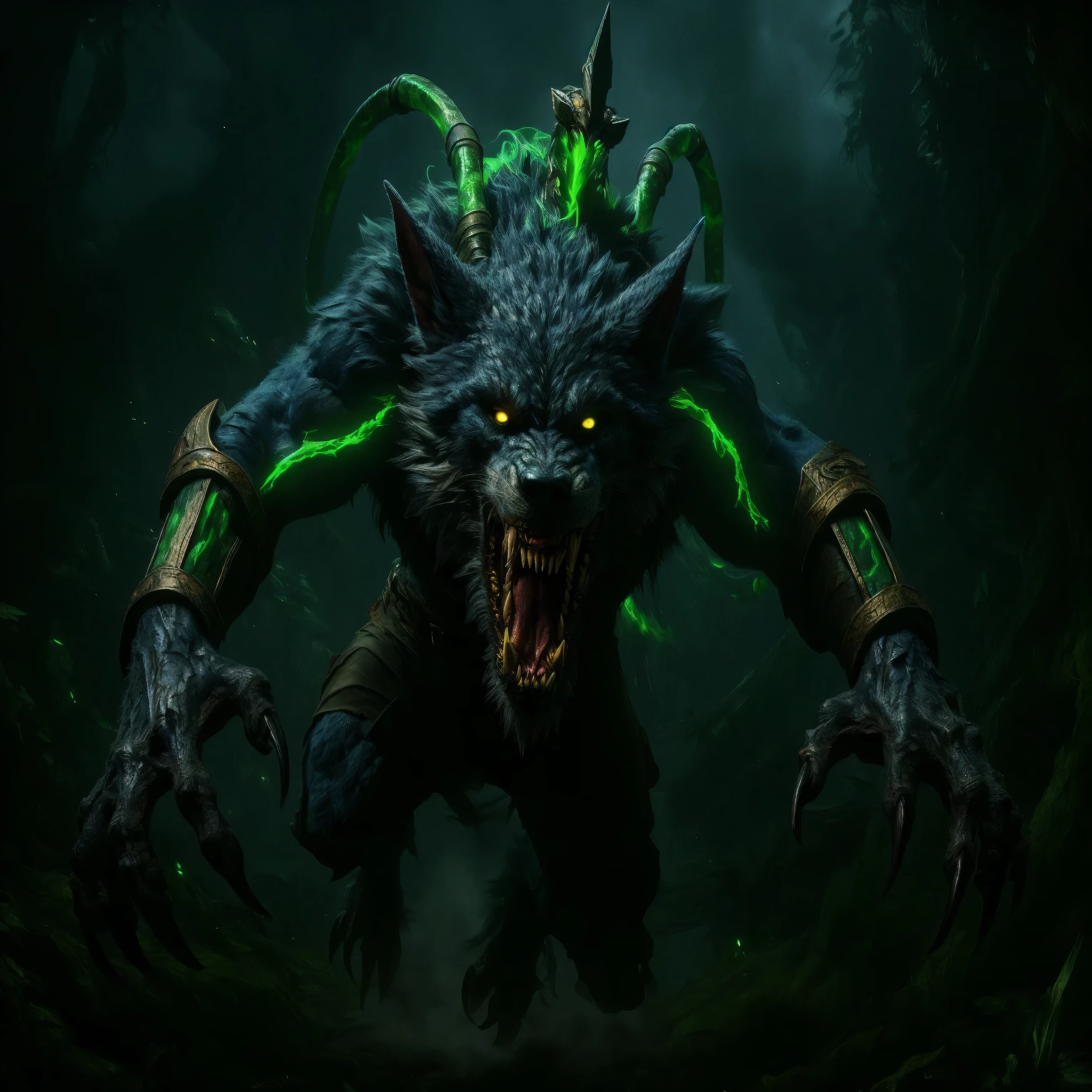 Create an ultra-realistic, photorealistic live-action cinematic depiction of Warwick from League of Legends, caught mid-leap during his ultimate ability. He is a monstrous, feral werewolf with blue-gray fur, glowing yellow eyes filled with rage, and massive claws outstretched toward the viewer. His jaw is wide open in a roar, exposing bloodied fangs and snarling expression. His muscular body is enhanced with steampunk-style implants: green-glowing tubes and a large injector device fused into his back and arms, pulsating with toxic energy. He wears ragged combat shorts and heavy, rusted metal bracers. His dynamic pose is in mid-air, lunging aggressively toward the camera, simulating an attack — the viewer is his prey. The setting is the dark, wet jungle of Summoner’s Rift, filled with fog, bioluminescent foliage, twisted roots, and cinematic green ambient lighting. Include flying debris and motion blur elements to intensify the movement. The perspective is dramatic, low-angle and close-up, as if captured in a high-budget dark fantasy or action film. Emphasize hyper-detailed fur, wet textures, dramatic lighting and shadows. Style reference: The Witcher (Netflix) meets Predator (1987) and Underworld (2003).