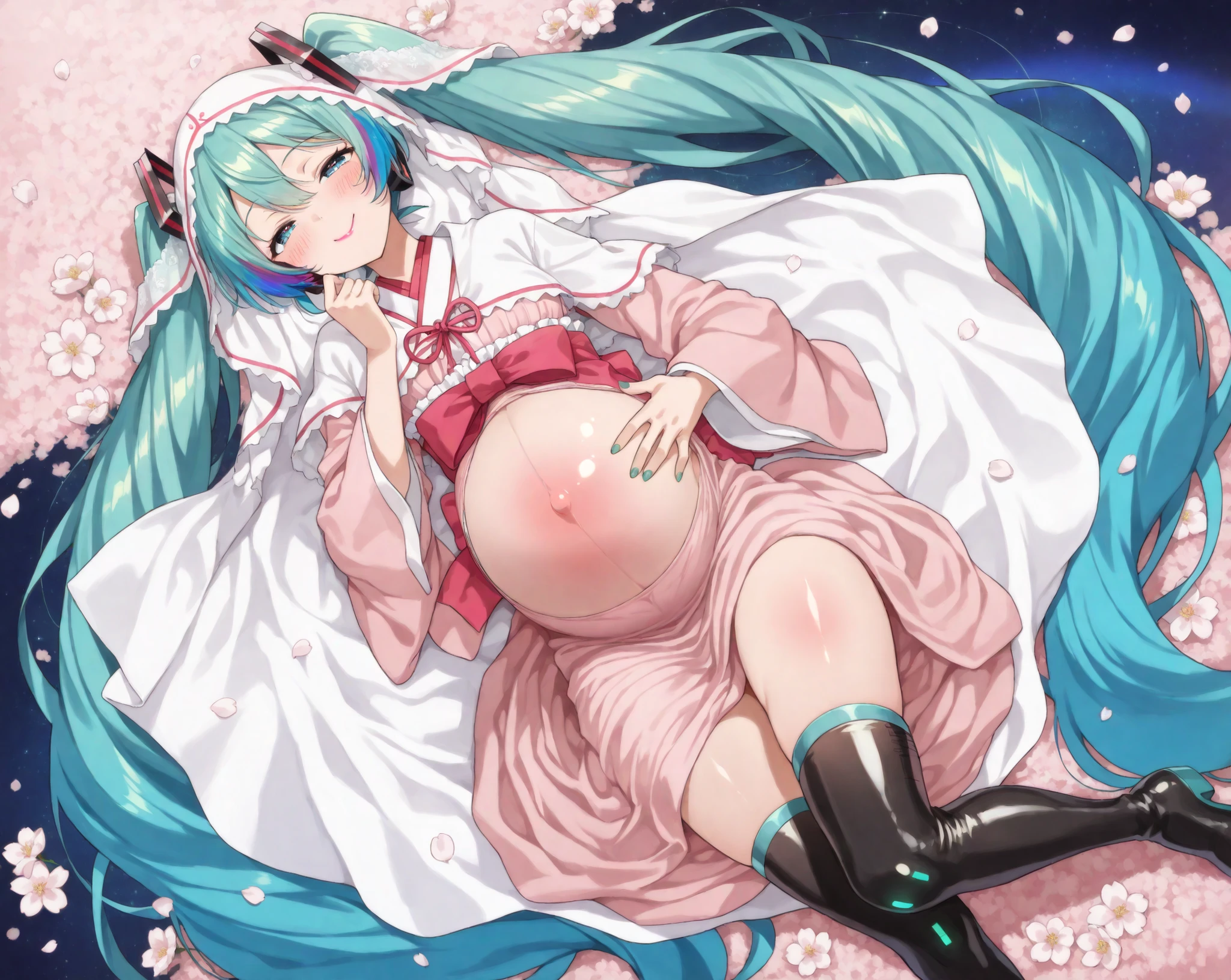 (1girl),((solo1:9)),((best quality,masterpiece,ultra detailed,absurdres1:9)),((Full-HD)),((anime)),((cute face)),((high-quality face)),((five fingers1:5))+,(beautiful fingers1:5),((four fingers,one thumb1:5))+,(beautiful hands1:5),(beautiful fingertip1:5),(beautiful nail1:5),(perfect legs1:5),((perfect anatomy1:5))+,((complete anatomy1:5))+,((anime style feature rainbow-colored highlights in the Clear Blue eyes1:5))+,(beautiful detailed eyes1:5),(perfect eyes1:5),((lipstick1:5))+,beautiful face, shiny hair,(body blush)+,(shiny skin)+,(shiny clothes)+,(Vocaloid,Hatsune Miku, Emerald Green Long Hair, Twin Tails, Green Nails),(wearing long Sheer Cape1:3),(wearing pink frilled shrine maiden clothes),(wearing Lamé Long boots),(wearing long wings veil1:3),(from above),(Long Shot1:3),(Enchanting meadow with wildpinkflowers with a cherry blossoms),(shiny starry sky night view background1:4),(falling cherry blossom petals),(lying flower field),(overflowing smiles1:4),(pregnant1:5),(half open eyes:1.3),(feeling weak1:6),