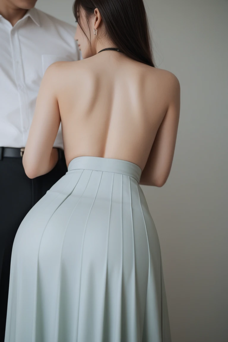 (best quality, masterpiece, Photo-realistic, Ultra Detailed, Ultra-high resolution, Raw:1.3), (1 Girl, fair, Famous Japanese actresses), Double eyelids, Bangs, Smile, Delicate face, (Silk Nightdress, sparkly maxi dress, Halter), (From the back), (Cracks in the butt:1.3), (nacked hip, Bare back), Watching_exist_Viewer, (Awards ceremony, hall, crowd:1.5)