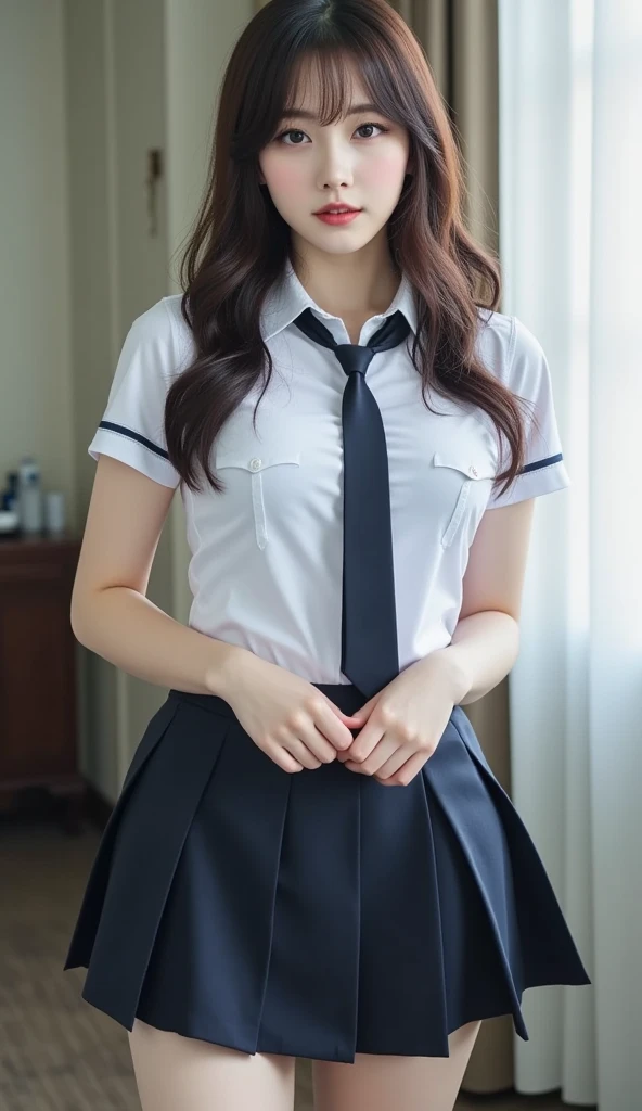 (table top, highest quality:1.2), 8K, 18-year-old, 85mm, official art, RAW photo, absurd, white dress shirt, cute face, close, Upper body, Biolace, gardenia, beautiful girl, school uniform, cardigan、 (navy pleated skirt:1.1), cinch waist, thighs thighs, short sleeve, hair above one eye、in the street, looking at the viewer, no makeup, (smile:0.6), film grain, chromatic aberration, sharp focus, face light, clear lighting, Ten generations, detailed face, background bokeh, (Dark red tie:1.1)、medium breasts