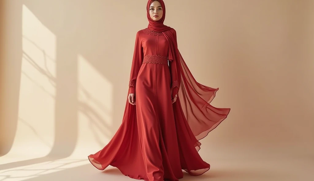 a dark maroon coloured gown with velvety black flowers in it, with a black shiny hijab and a black silver coloured belt with black velvety shoes