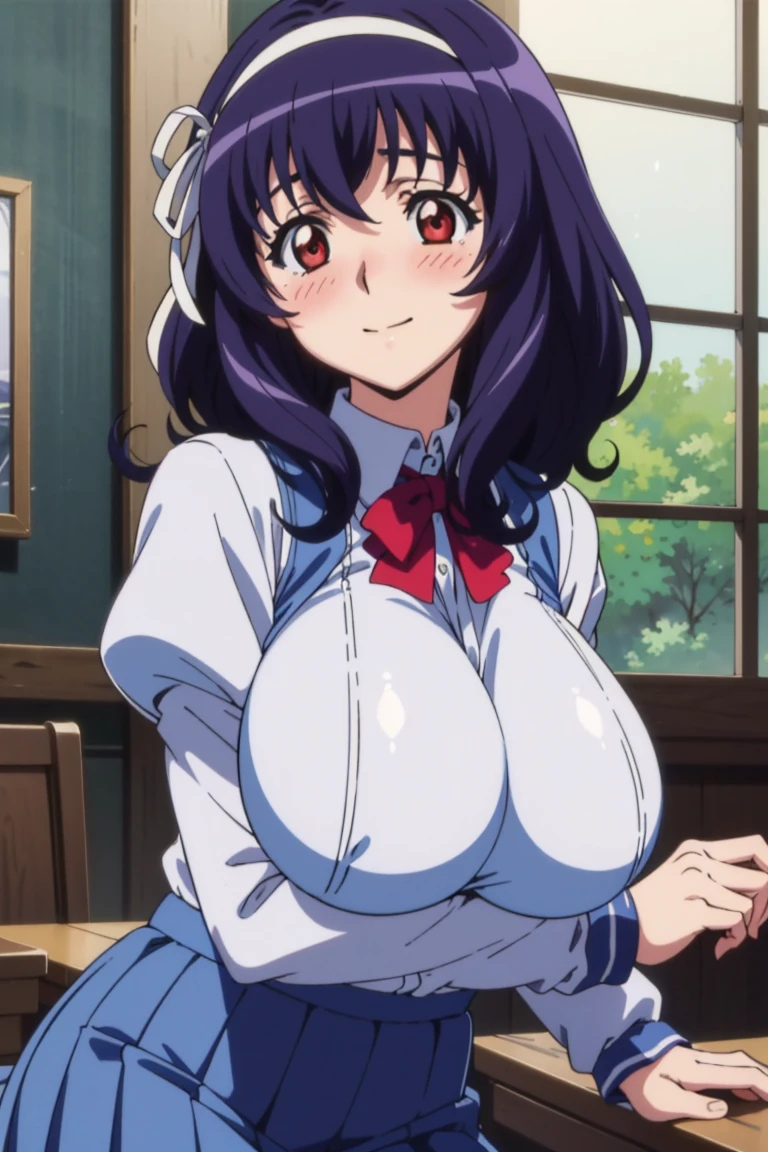 best quality, high resolution, 1girl, (huge breasts:1.2), blue hair, long hair, put your hands on your chest, white nurse, medical room, A smile, blush, closed mouth, (cum:1.8)