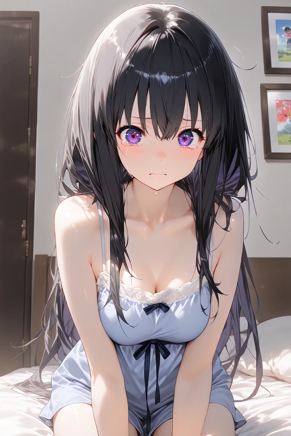 2d, sketch art, one anime woman, sad, black hair, medium breasts, cleavage, POV, close up, nightgown, (detailed eyes, beautiful eyes, purple eyes:1.2), indoor, bedroom