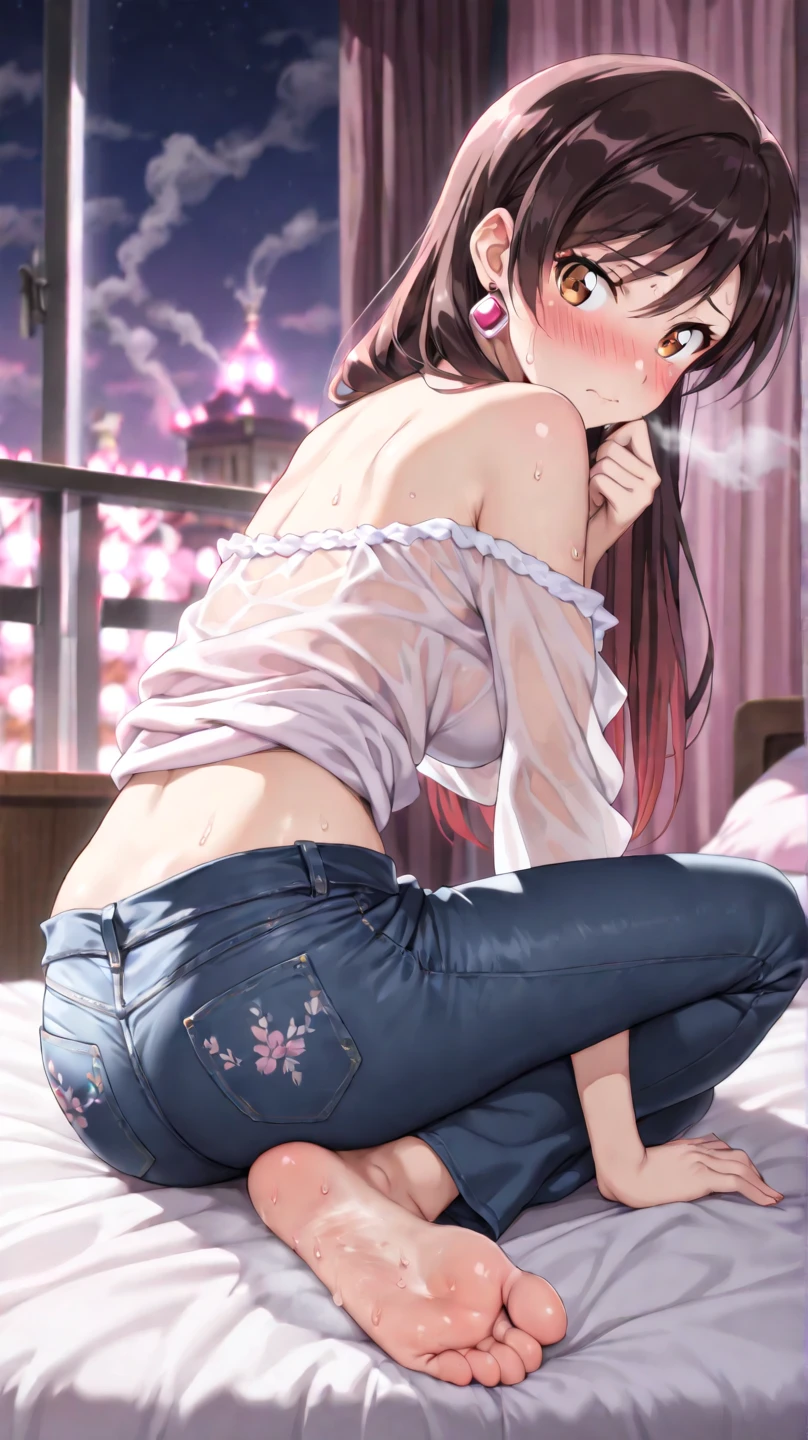 Create an anime girl with her back turned with her legs open wearing pink and black underwear and who is 26 years old in a landscape of a luxurious room
