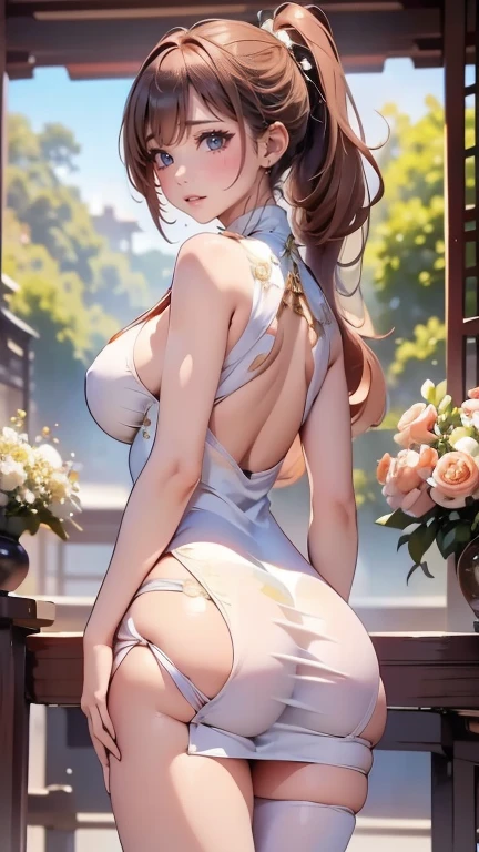 1 female,35 years old,Slim,Very large ,Big breasts and thin waist,Long legs, Solitary,(background:,Cherry blossom forest,Rainforest)running, She has short blonde hair,Front view, curls,Cloudy sky,(((masterpiece),(Very detailed CG unified 8K wallpaper),best quality,Light,Detailed background,Beautiful and delicate eyes,Smart pupils,black eyes,Snow-white skin,Red lips(very delicate and beautiful),(Beautiful and detailed description of the eyes),Ultra Detailed,masterpiece,))Facing the camera,high resolution,Ultra Detailed),Nude,Chinese bride,Put on red cheongsam