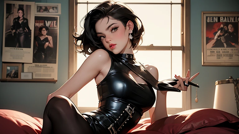 1 girl, she is wearing a black long dress that fits her figure in the style of the 60s, the dress shines like a thousand diamonds, the girl’s short black hair is styled in small waves in the style of Marilyn Monroe, the girl has a long cigarette in her hand, full body, confident look on her face, half-lidded eyes, and her hands are elegantly decorated with long translucent black gloves above the shoulders, on the girl’s head a black hat with a long rim, an atmosphere of luxury, red scarlet lips, red furniture