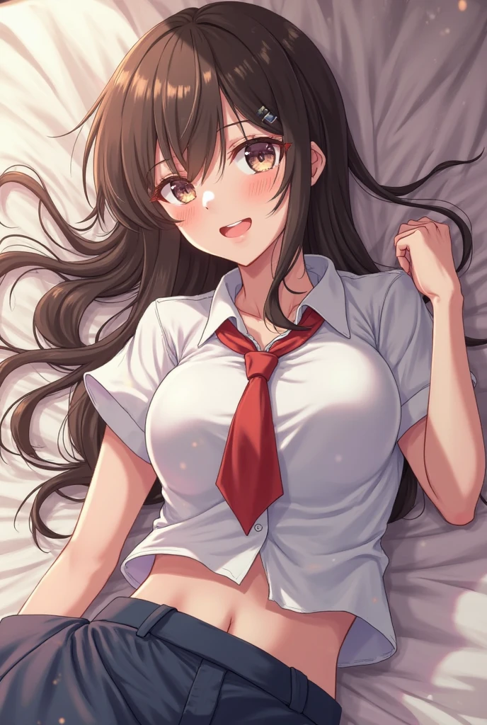 (open arms for viewer :1.5),(on back:1.5), Realistic, real person, (pale skin: 1.2), RAW photo, photorealistic, portrait photography, shiny skin, shiny hair、 (A 35-year-old woman with bangs) and (wavy hair) and (brown hair) and (Orange Eyes) , (business suit:1.5)and (Wearing a white collared shirt)、 (blush:1.5),smile,(Cleavage:1.5)、Sleeping on the sofa,(alone:1.5)、With arms outstretched towards me