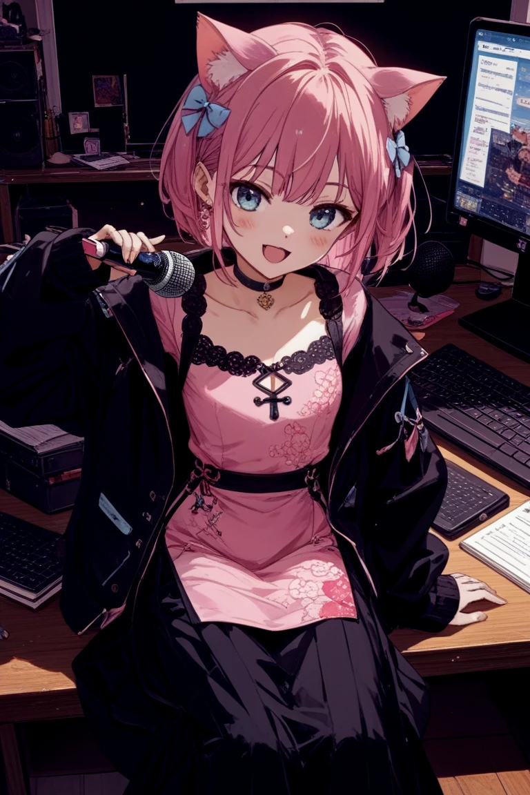 Anime illustration in the style of Tokyo "Kyoto Animation", Highest Quality, (Cute: 1.1), (Cute), (High resolution: 1.2), Incredibly ridiculous: 1.3, incredibly fine illustrations, Break 1 Beautiful Girl、独奏,small horn、short-hair、Big eyes、oh、Closed mouth、Camisole:1.5,pleatedskirt:15,D Cup,cleavage of the breast:15、(Pink Kawaii Room),(Pink Gothic Room),(Messy room, Marchen,bow ribbon,Small window, (Heterochromia, light blue eyes and light green eyes),Silhouette of the eyes of the stars、 Solo, Standing figure, Happy, :D, Princess Eyes, Big breasts, BREAK ,Braids、Light pink hair、Semi-long hair、Red ribbon at the end of braids、Sitting at a desk、Angle from the side、Looking at the PC、Looking at the iPhone、Office、