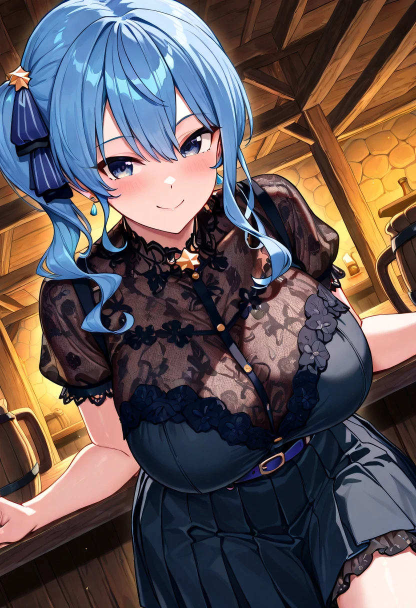 (dynamic angle:1.3, front view:1.1, breast focus:1.3, from below:1.2), (dynamic posing:1.5, sexy posing:1.2, leaning forward), (seductive smiling:1.3), beutiful woman, 1girl,fullbody, happy, (with sparkling eyes and a contagious smile:1.2), red face, closed mouth, beautiful detailed eyes, super detailed skin, backlighting, bare shoulders, black background, black dress, black gloves, black hair, breasts, dress, earrings, fingerless gloves, floating hair, floral print, flower, gloves, gold earrings, gold hairband, hair flower, hair ornament, hairband, holding, holding two-hands knife weapon, jewelry, small breasts:1.2, long hair, looking at viewer, off-shoulder dress, off shoulder,blue eyes, short hair with long locks, sidelocks, solo, spikes, thighs, two-sided dress, two-sided fabric, weapon, fighting stance , face, close up, from above, highest quality, high resolution,Real World, Natural light,perfect Natural light,looking at viewer,The bar is beautiful, with colorful bottles of alcohol in the background and a soft glow from neon lights.