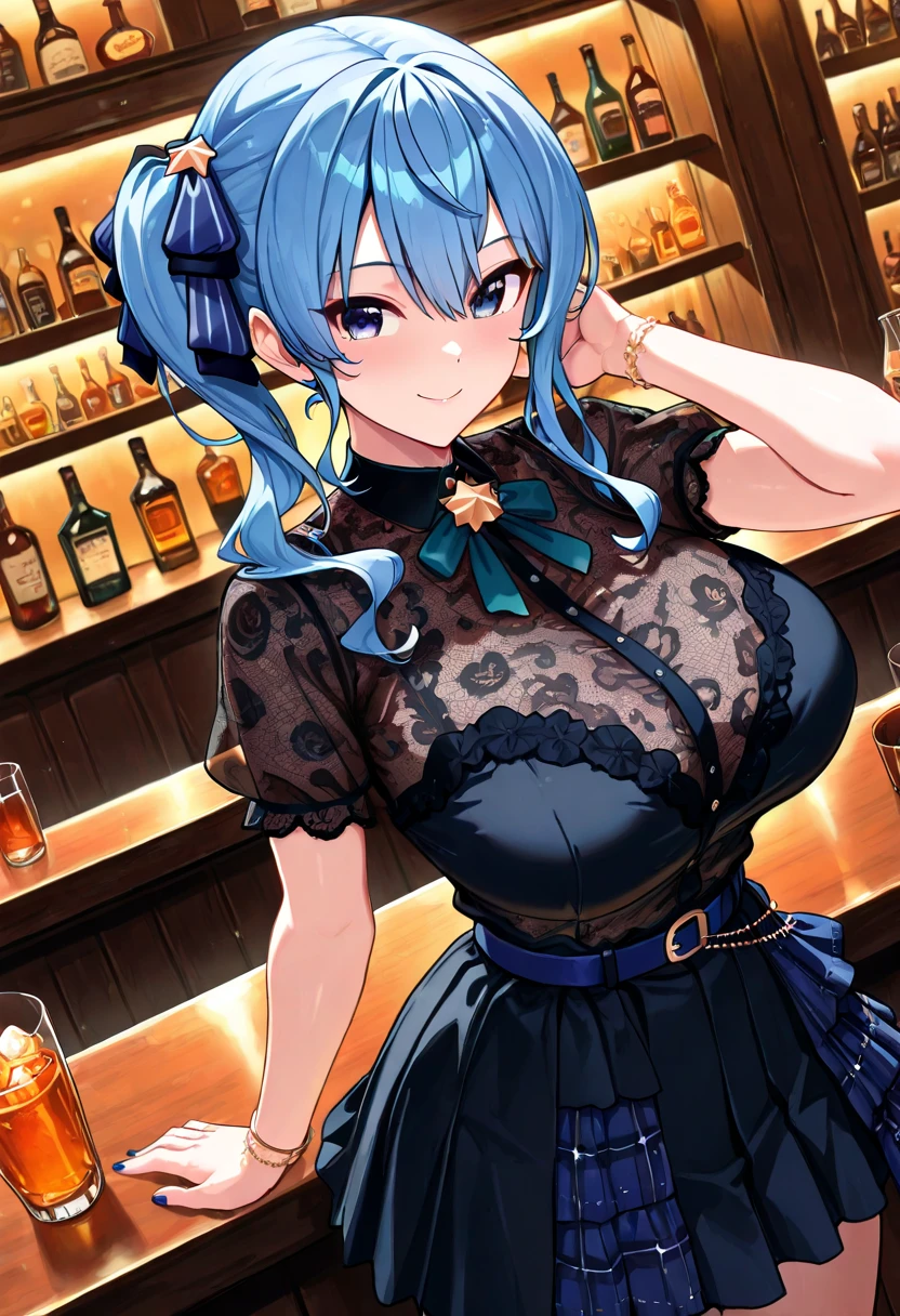 (dynamic angle:1.3, front view:1.1, breast focus:1.3, from below:1.2), (dynamic posing:1.5, sexy posing:1.2, leaning forward), (seductive smiling:1.3), beutiful woman, 1girl,fullbody, happy, (with sparkling eyes and a contagious smile:1.2), red face, closed mouth, beautiful detailed eyes, super detailed skin, backlighting, bare shoulders, black background, black dress, black gloves, black hair, breasts, dress, earrings, fingerless gloves, floating hair, floral print, flower, gloves, gold earrings, gold hairband, hair flower, hair ornament, hairband, holding, holding two-hands knife weapon, jewelry, small breasts:1.2, long hair, looking at viewer, off-shoulder dress, off shoulder,blue eyes, short hair with long locks, sidelocks, solo, spikes, thighs, two-sided dress, two-sided fabric, weapon, fighting stance , face, close up, from above, highest quality, high resolution,Real World, Natural light,perfect Natural light,looking at viewer,The bar is beautiful, with colorful bottles of alcohol in the background and a soft glow from neon lights.