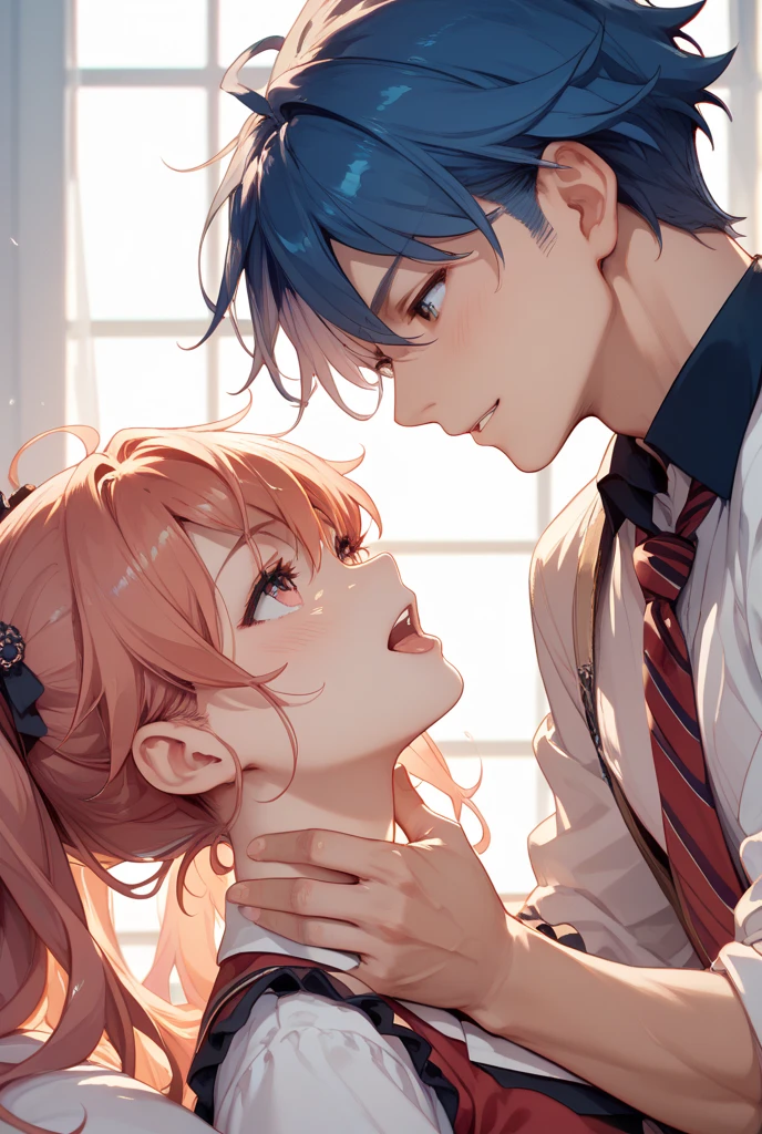 High quality realistic Anime style, young boy and girl, (boy on the left, dark blue hair with strong gold streaks, bigger eyes, yellow eyes, medieval clothes), (girl on the right, blonde hair with braids, medieval adventure clothes) , high definition, high detail, moonlight, magical environment, colorful lights, create a scenario medieval village with a bonfire set,