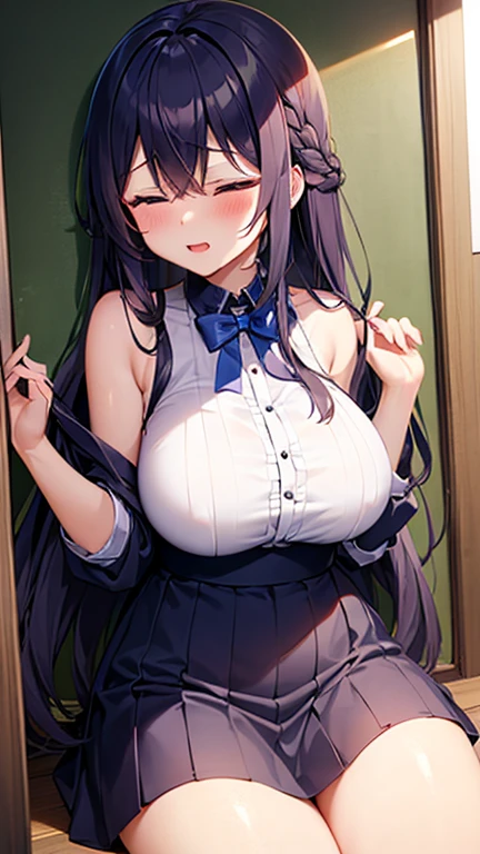 最high quality, high quality, Super detailed, 16K, Ultra-detailed details, pretty girl, alone, beautiful purple hair, Beautiful purple eyes, Big Breasts, A light smile, Summer clothes, Summer Maid clothes, I'm lifting my skirt, Blue and white color striped underwear(Showing her underwear under her skirt), My crotch is wet with love juice, Black knee socks, {{A succubus who falls in love with a man steals the facial skin of the girl he loves, transforms her face into that of a girl, and serves the man as a maid.}}, The ghost of a 半透明 girl with her skin peeled off is pleading with the maid, Full body image, NSFW