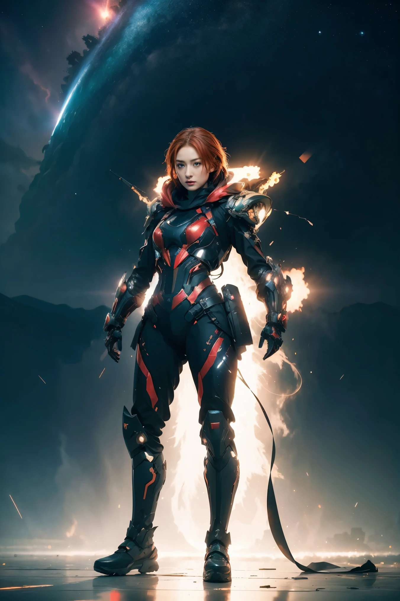 (alone) inconceivable and spectacular an emergency scene of a cloud figure Sophie Turner in a universe cloud, フラクタル星雲鎖, universe,universe船, Vibrant Presence, ,  unrealistic, high contrast, Symbolism, Mechanical Parts,Weaponized Battle Suit、 illumination, Supersaturation, colorful, 8k、Woman in Scarlet Battle Suit、Copper Layer Bob Cut、boots、With a ray gun