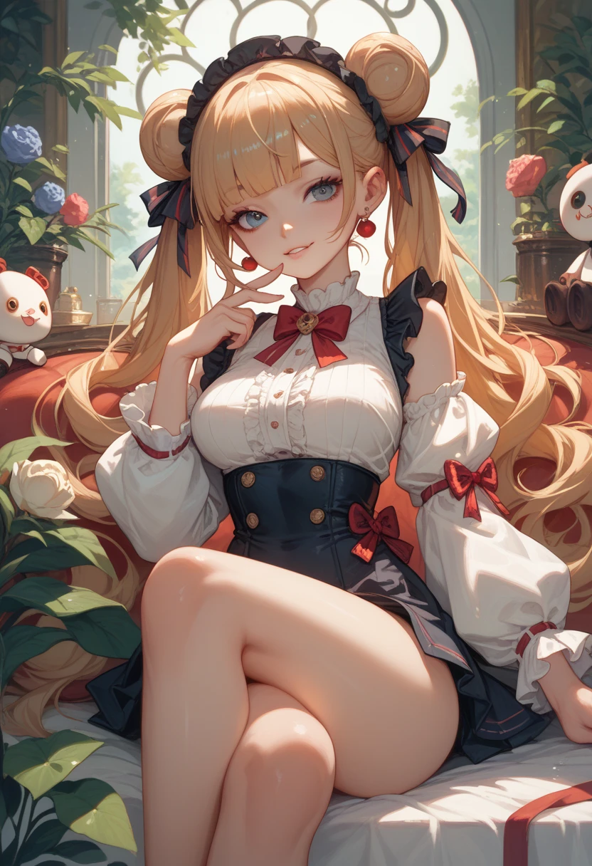 masterpiece, best quality, ultra-detailed, epic lighting, cinematic composition, 1girl, betty, (long blonde hair:1.1), blue eyes, hair ribbon, long sleeves, (striped legwear:1.2), single mini crown, pink bow, ringlets, drill hair, twin drills, symbol-shaped pupils, sitting, looking at viewer, library, (8k:1.1)