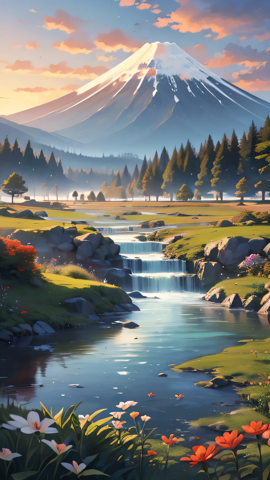 A landscape painting in the style of Japanese woodblock prints. A majestic snow-capped mountain, reminiscent of Mount Fuji, dominates the image, positioned centrally. The mountain is depicted with strong, bold lines and flat colors, typical of the ukiyo-e style. The mountain's slopes and surrounding valleys display shades of deep blues, greens, and greys. A flowing river meanders through the landscape, passing through a vibrant red/orange marshland or meadow. The clouds are rendered in soft pastels, creating a sense of serenity and tranquility. The overall composition is balanced, with the mountain acting as a focal point. Colors are bold and contrasting, with rich reds, blues, whites, and blacks. The lighting appears to be natural and diffused, casting no harsh shadows. The perspective is from a slightly elevated viewpoint looking toward the valley, and the style is evocative of a traditional Japanese landscape print. The image is a beautiful representation of a classic Japanese landscape.