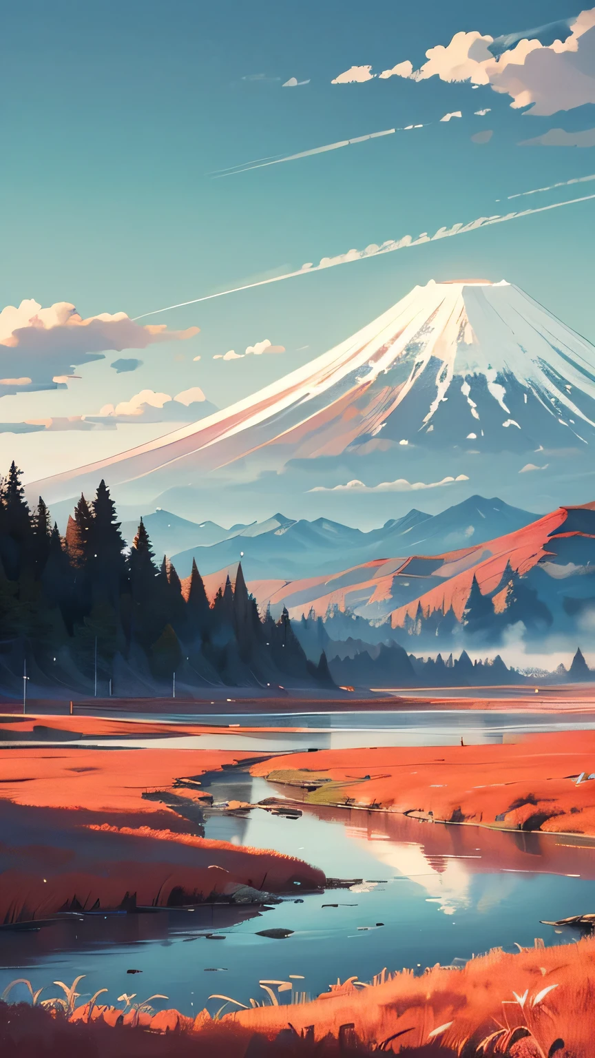 A landscape painting in the style of Japanese woodblock prints. A majestic snow-capped mountain, reminiscent of Mount Fuji, dominates the image, positioned centrally. The mountain is depicted with strong, bold lines and flat colors, typical of the ukiyo-e style. The mountain's slopes and surrounding valleys display shades of deep blues, greens, and greys. A flowing river meanders through the landscape, passing through a vibrant red/orange marshland or meadow. The clouds are rendered in soft pastels, creating a sense of serenity and tranquility. The overall composition is balanced, with the mountain acting as a focal point. Colors are bold and contrasting, with rich reds, blues, whites, and blacks. The lighting appears to be natural and diffused, casting no harsh shadows. The perspective is from a slightly elevated viewpoint looking toward the valley, and the style is evocative of a traditional Japanese landscape print. The image is a beautiful representation of a classic Japanese landscape.