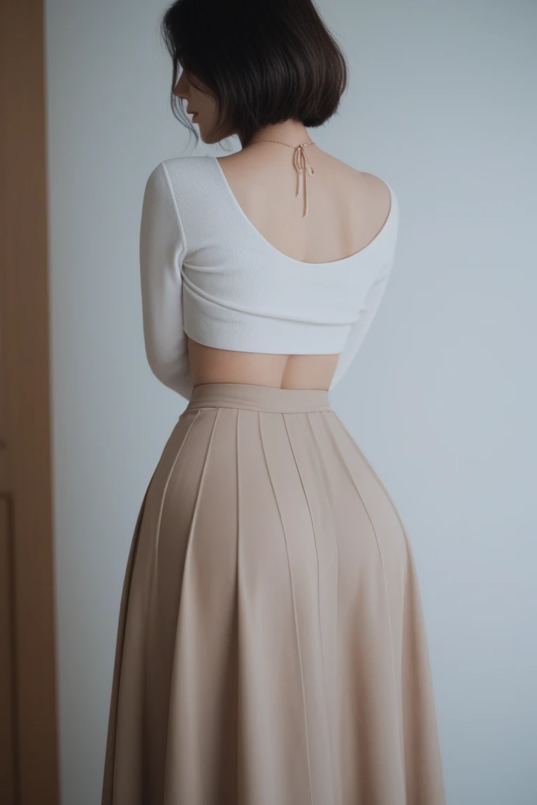 ((best quality, 8K, masterpiece: 1.3)), 1 girl, Slim abdominal muscle beauty: 1.3, (Casual hairstyle, Large Breasts: 1.2), skirt: 1.1, Super delicate face, Exquisite eyes, Double eyelids, Smile, On the bed，full-body shot，See the whole body，Creamy white thin skirt dress，Strapless underwear.Exquisite small earrings.princess hair style.Excited expression，eyelashes long.(Long blond hair, Ponytail)，Legs open.Sweet and bright smile．Ass upturned．