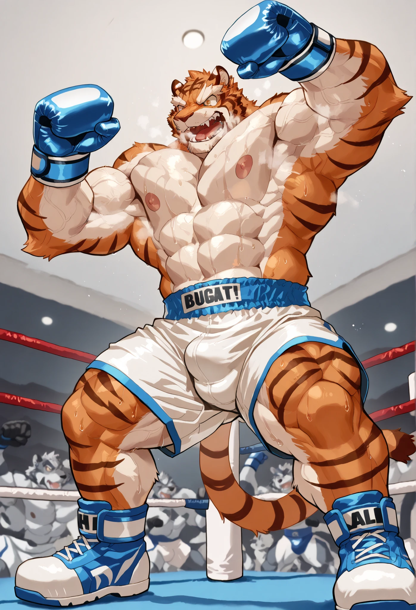 anthro, correct anatomy, bodily fluids, fur, bulge, blue shorts, bare torso, looking at viewer, (collapsed and bent down), male, multicolored body, multicolored fur, muscular, (musk clouds:1.2), navel, (hard breathing, tongue out), solo, two tone body, two tone fur, by Pixelsketcher, by Bayard Wu, by Thomas Benjamin Kennington , by Einshelm,, (lin hu:1.1), (exhausted, sweat, bruised:1.4), in the boxing ring, (boxing gloves, beaten down, swollen cheek:1.4)