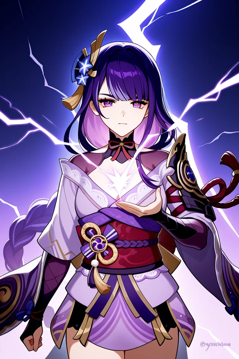 masterpiece, high-quality, 8k resolution, solo, 1 woman, dark violet hair, beauty mark, body suit under kimono, kanzashi, lavender kimono, tomoe decorations, obi, purple eyes, Genshin Impact Raiden Shogun, Ei,