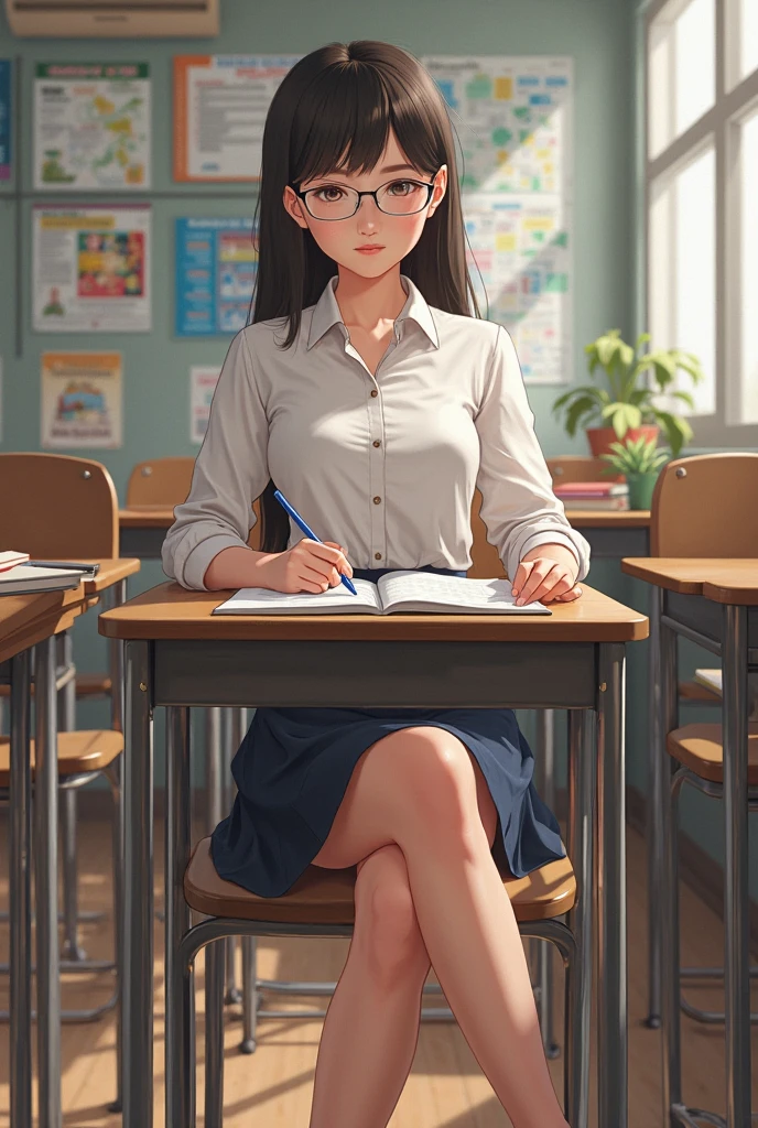 pretty thicc girl with straight black hair, using glasses, really busty, deep cleavage, sexy look on her face, sitted in a classroom, thick legs , crossed legs, red high heels, hair tied, perfection, high quality, detailed, ultra-HD, realistic woman