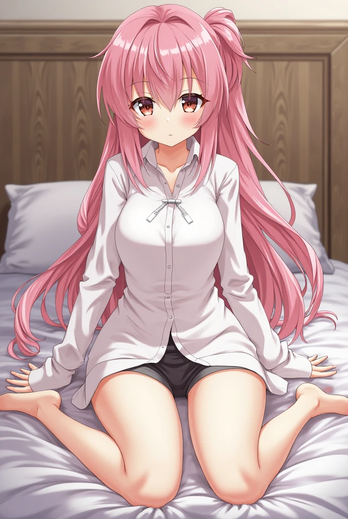 long pink shirt with a kitten drawn on it, dragon horns, no pants, long pink hair, small breasts, lying on the sofa with a sexy pose, holding a cell phone, naked lower half, spread legs