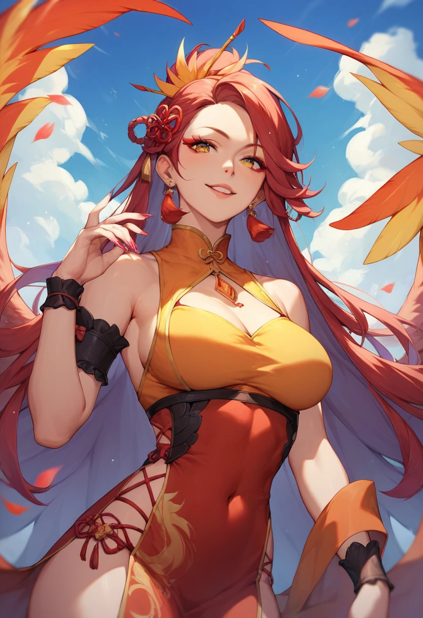 Sunsethuman, Sunset Shimmer, Sunset Shimmer from my little pony, Sunset Shimmer in the form of a girl, big breasts, lush breasts, voluminous breasts, firm breast, detailed hands, two tones of hair, red and yellow hair,sitting in a garden, red and orange flowers, solo, one character, red and orange dress, long sleeves,thin, no muscles, normal body, turquoise eyes, gentle smile, sunset, beautiful detailed garden