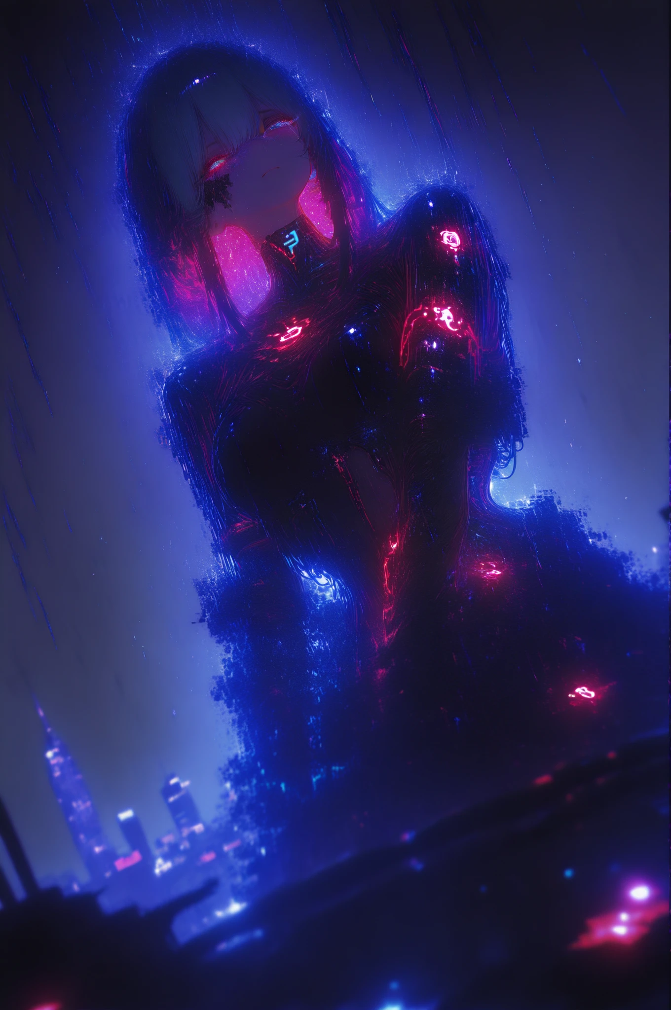 Prompt: 1girl, anime, cat ears, (glowing translucent catgirl, best quality, masterpiece, raw photo, ghost, transparent body, light white body, white aura, ghost light, Dynamic lighting, ghost)