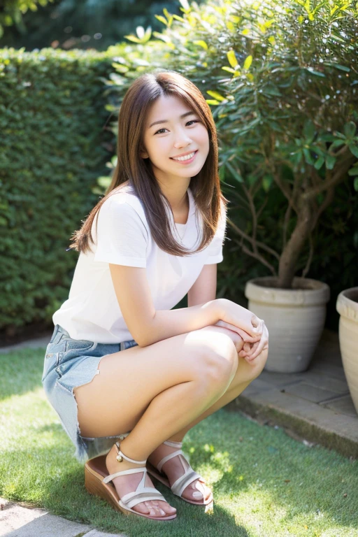 (low angle shot:1.5), she looks giant because the camera sees her from her feet, funny, aroused, amused, flirty, lascive, wanting sex, asking for sex, frontal view, grass garden, outdoors, full body shot, sexy pose, flirting with the camera, grin, playful, provocative, feet in frame, full body in frame, woman squatting stepping on me, open legs, stepping on the camera, staring at me, ((low angle shot)), , eye contact, staring at the viewer, flirting with the camera, tt_saggy, sagging breasts, juicy breasts, jiggling breasts, small breasts
