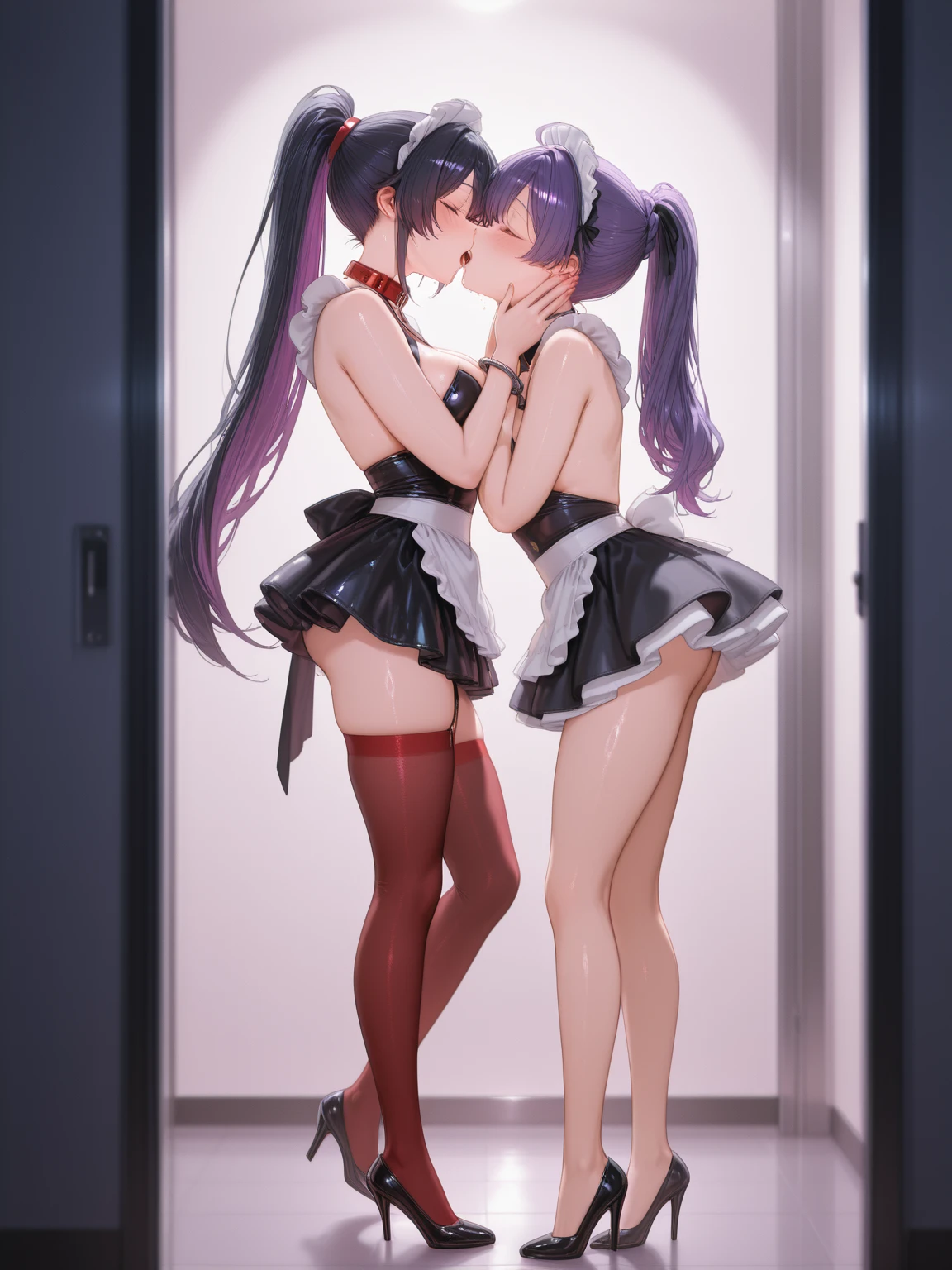 multiple_girls, breasts, 2girls, yuri, cleavage, high_heels, pantyhose, large_breasts, french kiss, eyewear_on_head, red_hair, closed_eyes, long_hair, purple_hair, dress, jewelry, flower, hair_ornament, hair_flower, sunglasses, earrings, window, blush, white_dress, white_footwear, bare_shoulders, gloves, kneeling, long_sleeves, black_shorts, bangs, sitting, shorts, legs