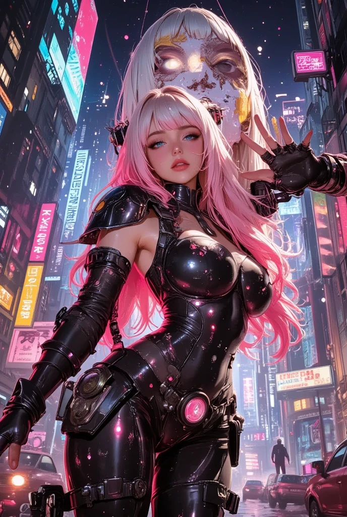 Top Quality, Masterpiece, Ultra High Resolution, ((Photorealistic: 1.4), Raw Photo, 1 Girl, very long pink Hair, Glossy Skin, 1 Mechanical Girl, (Ultra Realistic Details, accentuated super huge enormously gigantic tits with cleavage showing, sexy seductive slutty pose)), side lighting, deep shadows, Octane Rendering, 8K, Ultra Sharp, Metal, Intricate Ornament Details, Egyptian Details, Very intricate details, realistic light, CGSoation trend, facing the camera, neon details, mechanical limbs, tubes connected to the mechanical parts, mechanical vertebrae attached to the back, mechanical cervical attachment to the neck, wires and cables connecting to the head, evangelion, small glowing LED lamps, (cherry blossoms blowing in the wind, dazzling futuristic Cyberpunk city streets in background).