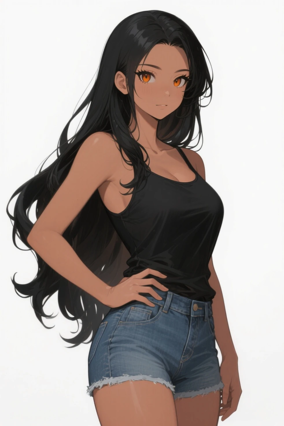 beautiful girl，jeans with belt，long black hair，medium