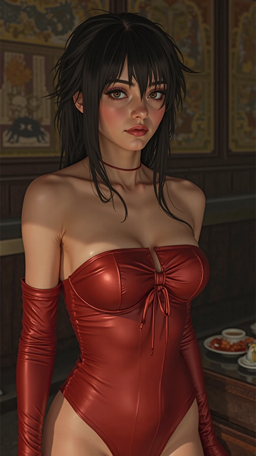 high resolution cinematic still, ((photo-realistic)), (close-up) masterpiece, high resolution, RAW, (hotgirl):1.4 (goth), (cosmetologist, (red_lipstick):1.2, eye-liner, (eye-shadow):1.2):1.2, (bun):1.1 hair, attractive, beautiful, Lopsided:1.2 ((sexually suggestive):1.3 smile), alluring:1.3 eyes, pretty teeth, ((loosened):1.4 (cocktail dress):1.3), (exposing):1.2, (big boobs):1.2, detailed, professional, 200mm lens, unreal engine, photo-realistic, HD, 8K, soft lighting, lifelike texture, unreal engine, by Erik Almas
