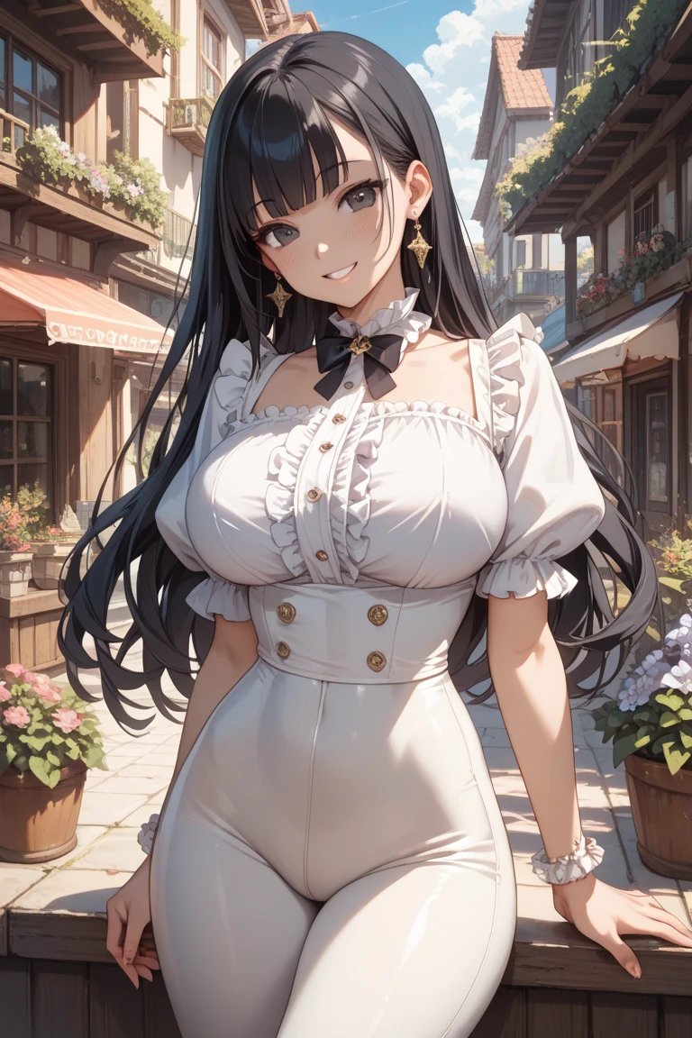 Masterpiece, best quality, ultrasharp, highly detailed, illustration, tomoyo, medium breasts, (aged up), standing, city street, makeup, (18 year old girl:1.2), collarbone, necklace, lips parted, glossy lips, blush, strapless corset, thigh highs, ponytail