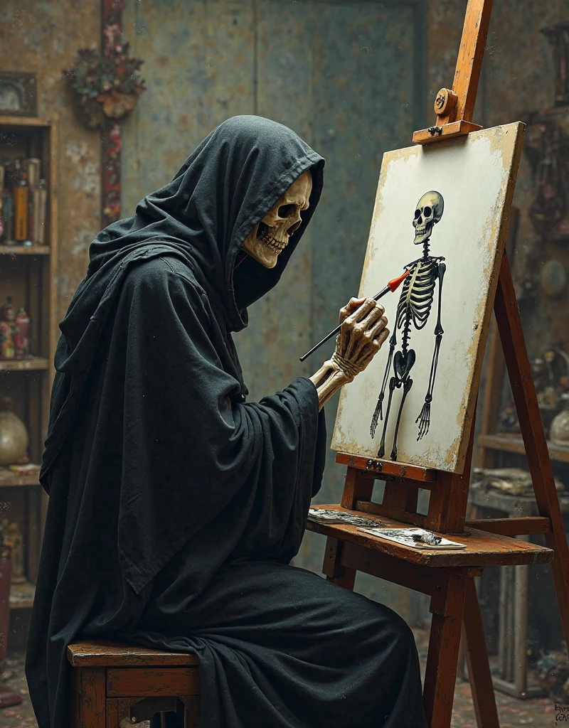 Ghost Painter,Concentrating on painting an oil painting,The skeleton's eyes are lit up with blue lights.