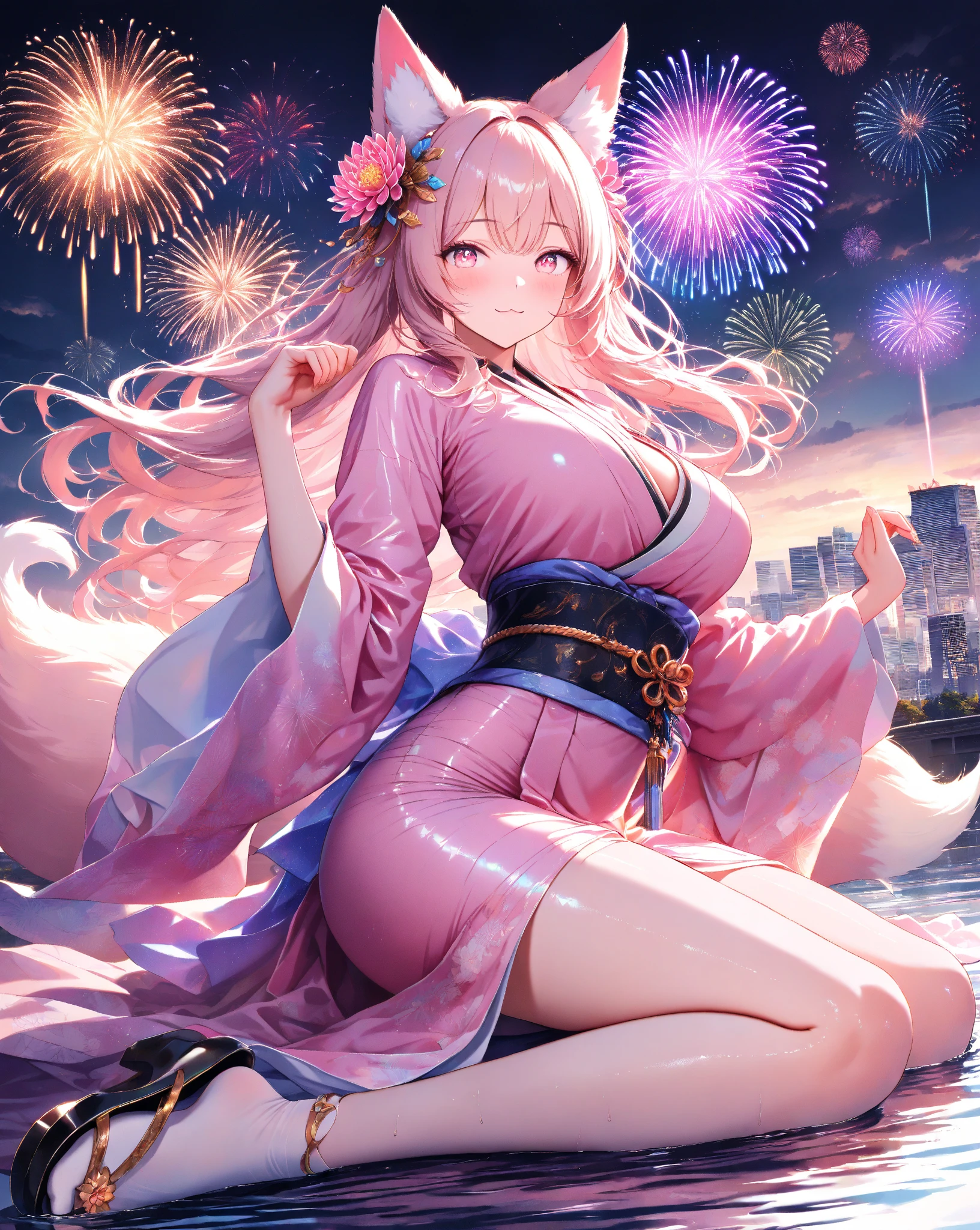 (8K, masutepiece, Best Quality, Official art, Breathtaking beauty and aesthetics, A highly Beautiful detailed, beautiful lighting, The best masterpiece in history that exceeds limits:1.2), (1 Girl, solo), (16 years old), (Beautiful detailed face), (shiny white skin), (Beautiful big bust, cleavage:1.3), (thighs,), (Beautiful detailed pastel pink twin tails hair, bangs:1.3), (beautiful detailed drooping pink eyes:1.5), BREAK, (Beautiful detailed pastel pink cute Yukata, Flower pattern, black obi:1.3), (Beautiful Luxurious Diamonds Tiara), (happy smile), (Attractive, Look at the camera, cute pose, siting), breathtaking scenery, (ultra detailed realistic beautiful night sky, colorful various fireworks:1.2)